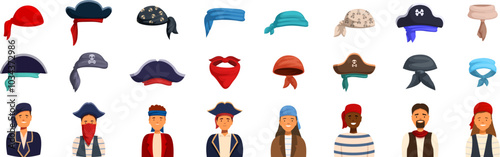 Pirate bandana icons set. Diverse group of people are wearing various pirate hats and bandanas, showcasing different styles and colors associated with the pirate theme