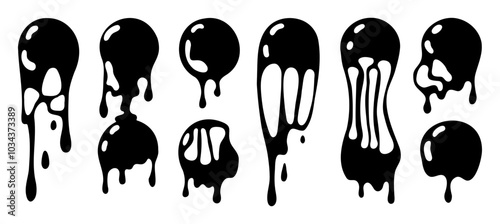 Set of slime bubbles dripping. Hand drawn flowing oil elements. Cartoon streaming liquid. Vector black round backgrounds. Graffiti style blob ink. Melt fluid drops.