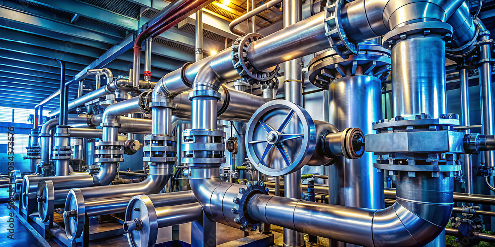 A complex arrangement of stainless steel pipes and valves runs through a contemporary industrial space, highlighting precision engineering and efficient design A complex arrangement of stainless steel pipes and valves runs through a contemporary industrial space, highlighting precision engineering and efficient design