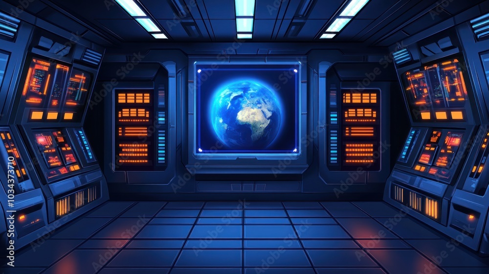 Futuristic Spaceship Interior with Earth Display Futuristic Spaceship Interior with Earth Display