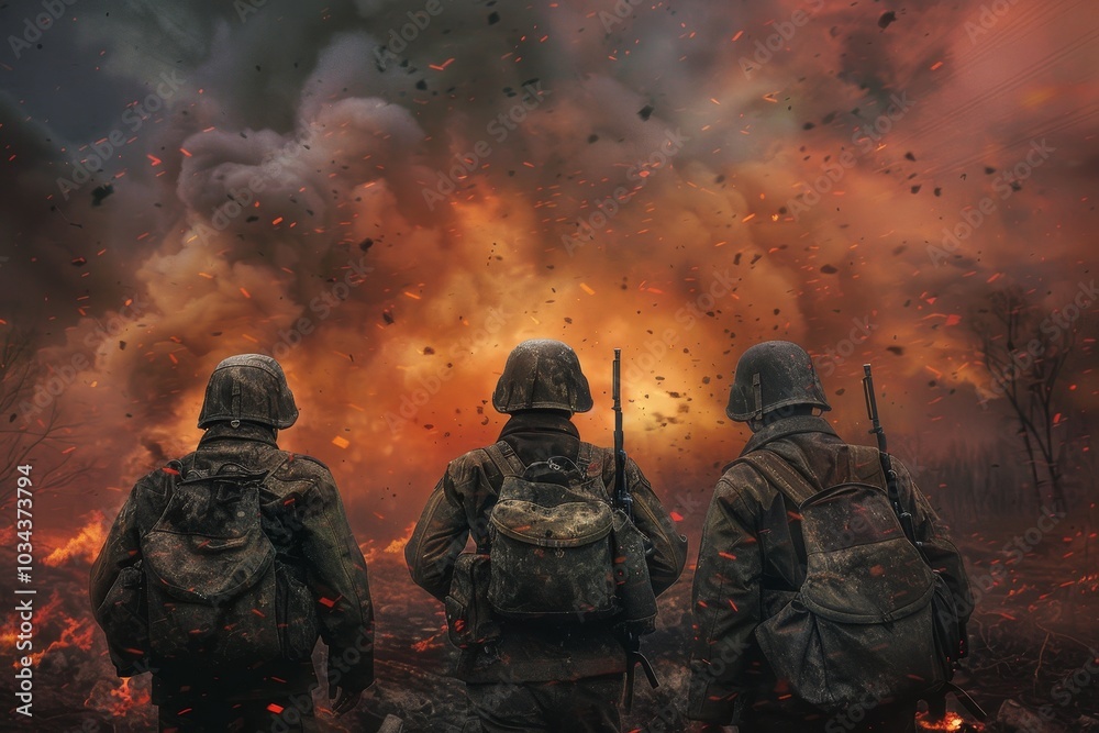 Three soldiers stand steadfastly as an explosion erupts behind them, illuminating the darkened sky with fiery hues amidst the destruction of a battlefield. Three soldiers stand steadfastly as an explosion erupts behind them, illuminating the darkened sky with fiery hues amidst the destruction of a battlefield.