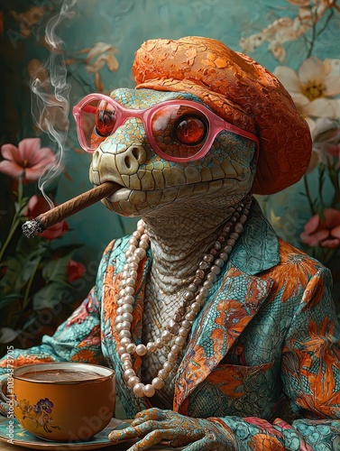 A colorful anthropomorphic python in a bright suit sits at a table and smokes a cigar