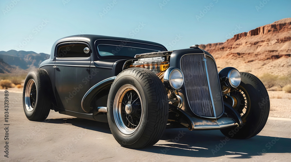 Beautiful unique vintage hot rod car parked in the street , automotive background, tuning template, auto transport