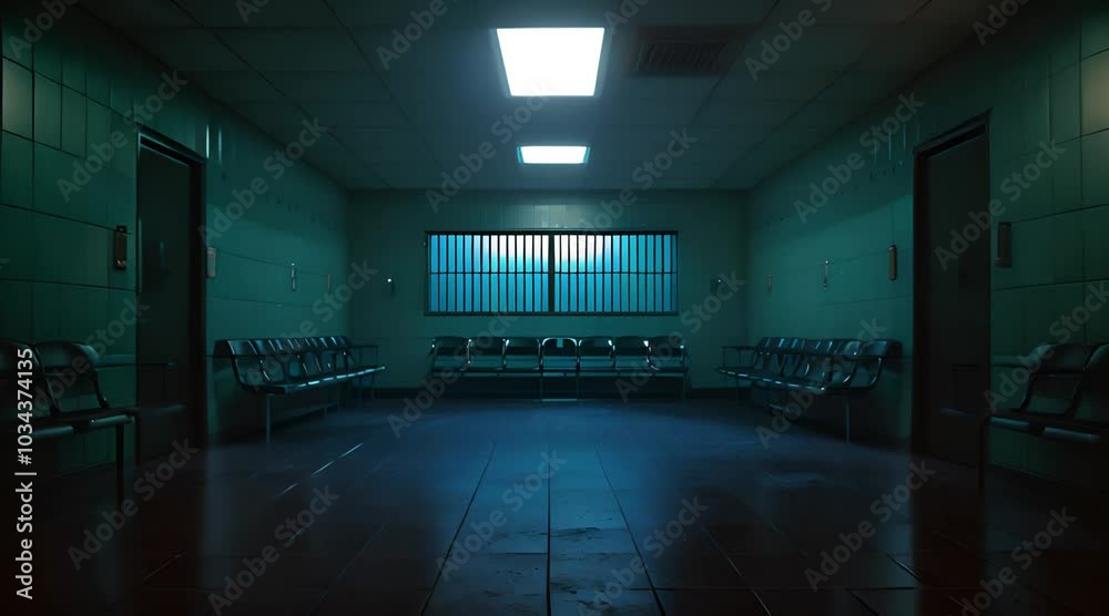 Empty Waiting Room with Blue Walls and Barred Window
