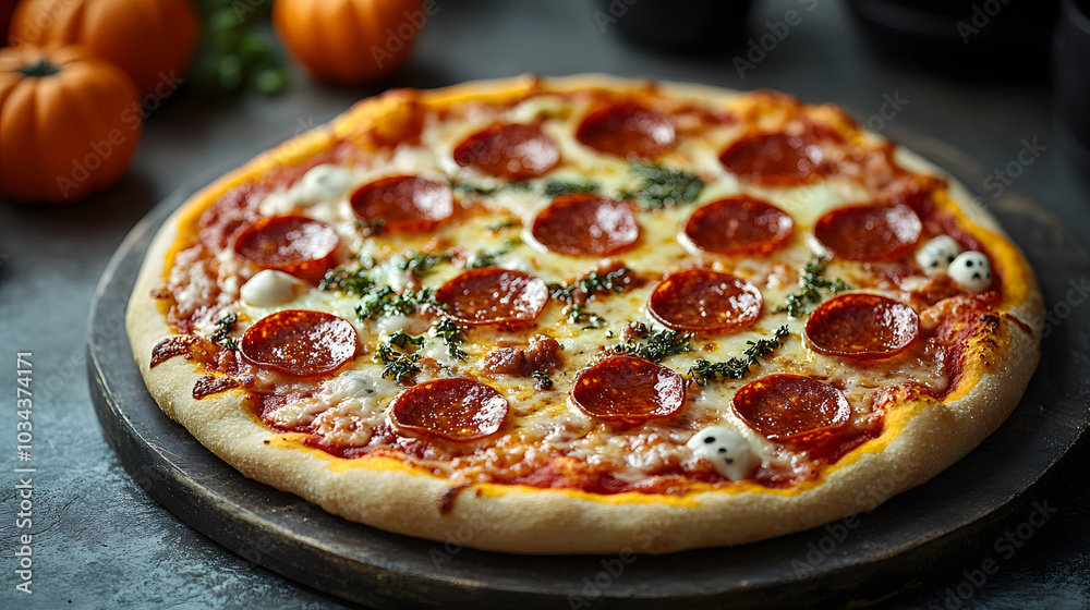 A Minimalistic Halloween-Themed Advertisement for Pizza Featuring Simple Yet Striking Graphics. The Design Incorporates Halloween Elements Like Pumpkins, Ghosts, and Cobwebs, Creating a Spooky Atmosph A Minimalistic Halloween-Themed Advertisement for Pizza Featuring Simple Yet Striking Graphics. The Design Incorporates Halloween Elements Like Pumpkins, Ghosts, and Cobwebs, Creating a Spooky Atmosph