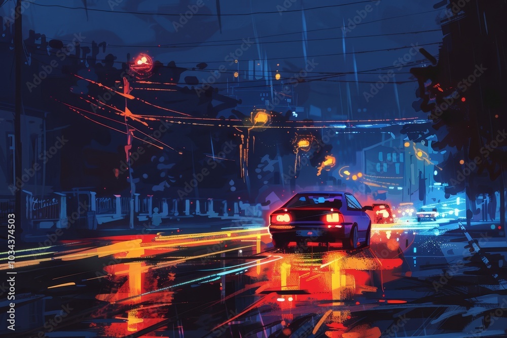 Rain falls on a vibrant city night, creating colorful reflections on the wet pavement as cars navigate through the illuminated streets under a cloudy sky. Rain falls on a vibrant city night, creating colorful reflections on the wet pavement as cars navigate through the illuminated streets under a cloudy sky.