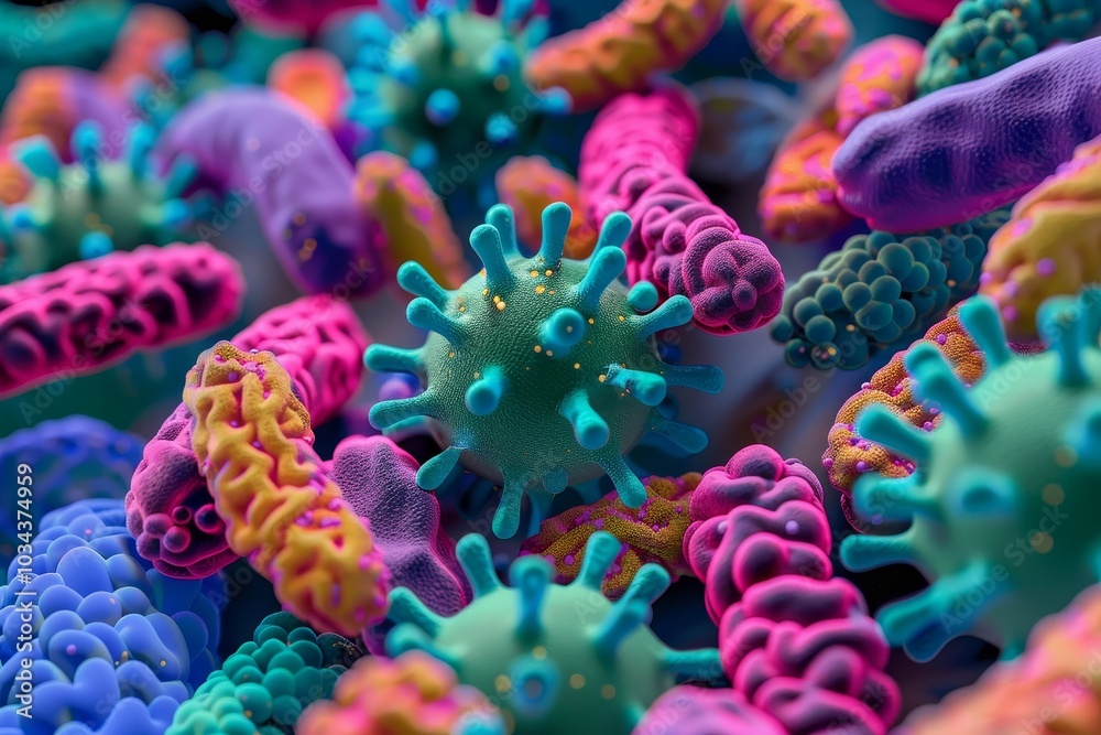 Fototapeta premium A close-up view reveals a fascinating array of colorful bacteria and viruses interacting in a microscopic environment filled with diverse shapes and textures.