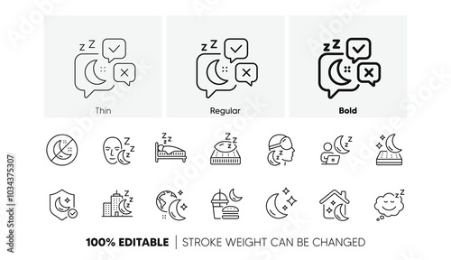 Sleeping pillow, Night bed and Insomnia sleeplessness. Sleep line icons. Bedroom rest mattress, Zzz snooze and Pillows with feather icons. Sleeping mask, Alarm clock and Human sleep in bed. Vector