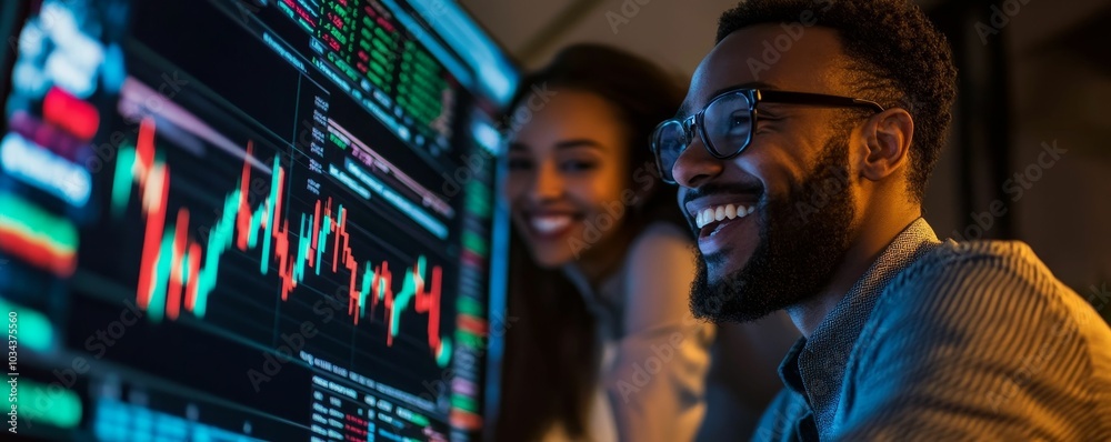 A couple smiles at a glowing stock chart.