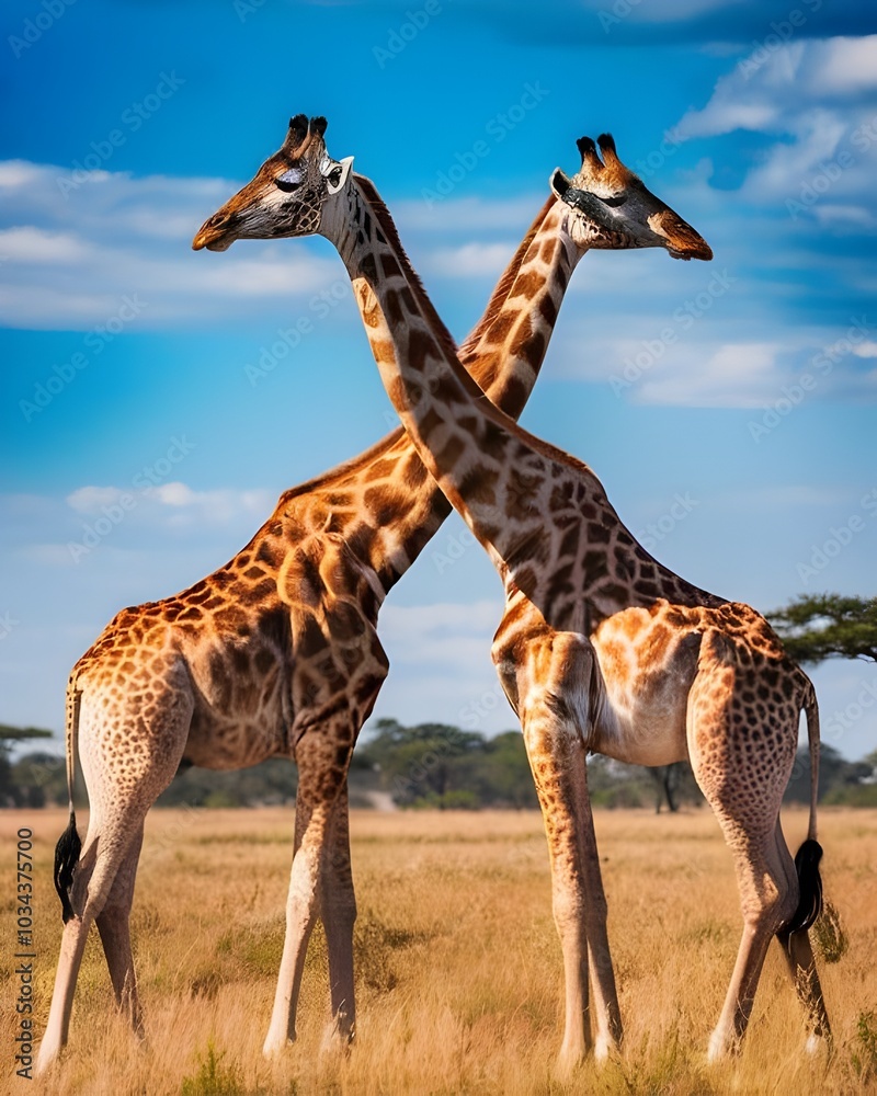 Obraz premium Crossed Pair of Giraffes Standing in Open Savanna with Golden Grasslands and Acacia Trees, Peaceful and Majestic Wildlife Scene