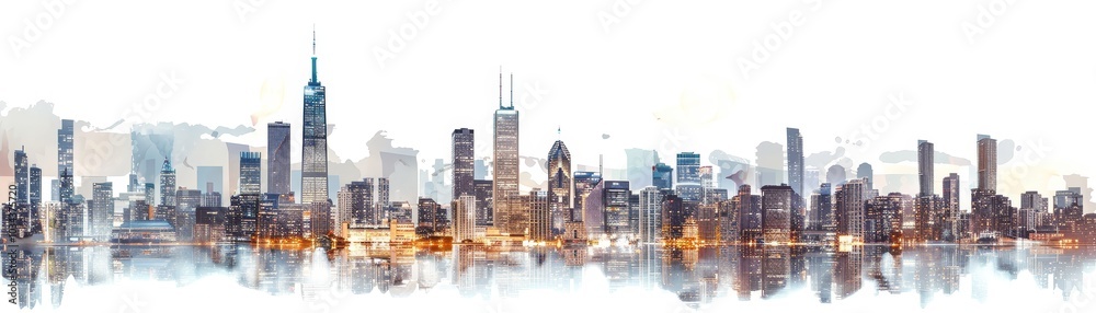 Fototapeta premium Watercolor Cityscape A Double Exposure of a Modern Metropolis Reflected in Still Water