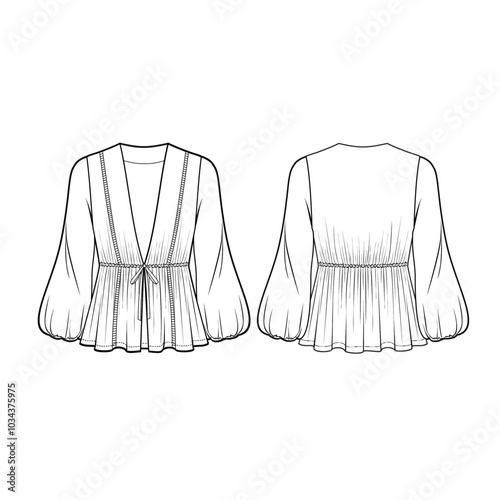 TECHNICAL DRAWING OF CARDIGAN. This cardigan has balloon sleeves with elastic wrist, adjustable drawstring, and embroidery lace details at front. It's featuring chic and feminine style. 
