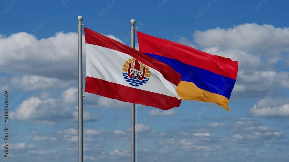 Armenia and French Polynesia flags flying together, video concept of the relationship, two country cooperation concept Armenia and French Polynesia flags flying together, video concept of the relationship, two country cooperation concept
