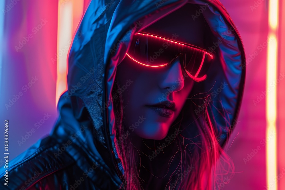 The individual shines with stylish illuminated glasses and a hooded jacket, highlighted by striking neon lights, creating a futuristic aesthetic at night. The individual shines with stylish illuminated glasses and a hooded jacket, highlighted by striking neon lights, creating a futuristic aesthetic at night.