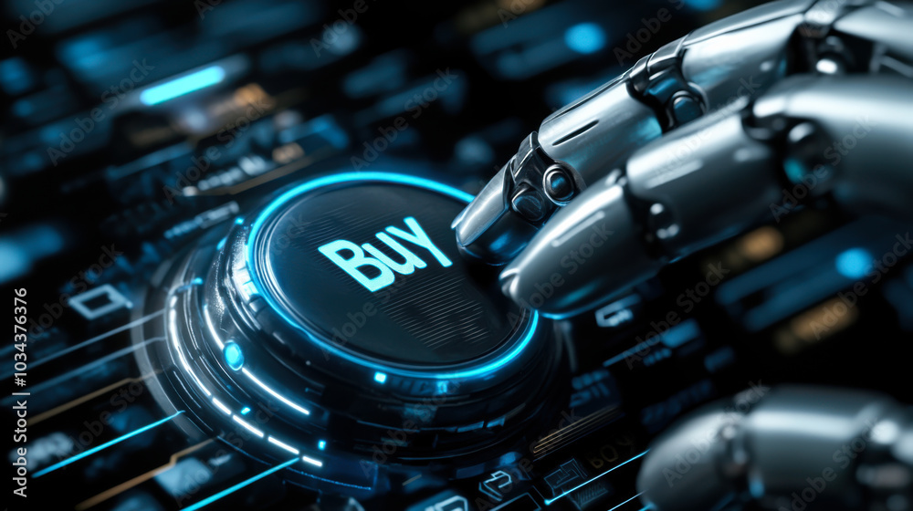 A robotic hand poised over a glowing buy button on a futuristic digital interface signifying online shopping in a tech-driven environment A robotic hand poised over a glowing buy button on a futuristic digital interface signifying online shopping in a tech-driven environment