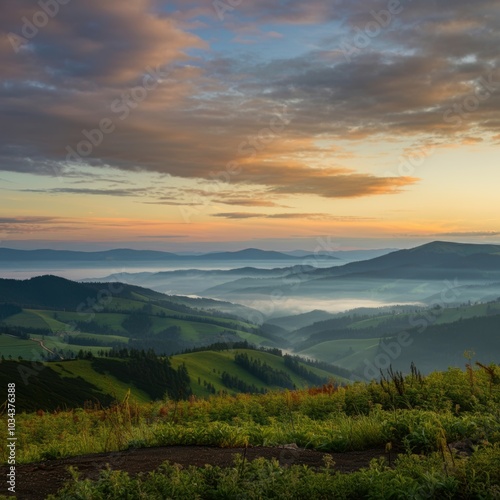 Misty Mountain Sunrise Landscape with Rolling Hills