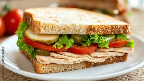 Turkey Sandwich with Lettuce, Tomato, and Pickles on Whole Grain Bread