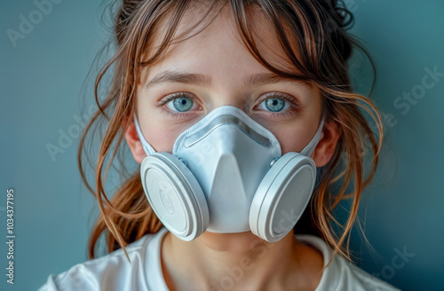 Young girl in a respirator on a bright blue background. The impact of air pollution around the world, industrial impact on the environment. Protection from dangerous air particles, gas, smog, transmit