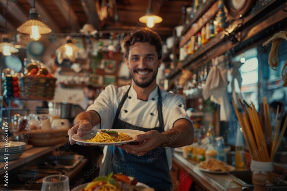 Italian chef skillfully preparing spaghetti at a cozy café Italian chef skillfully preparing spaghetti at a cozy café