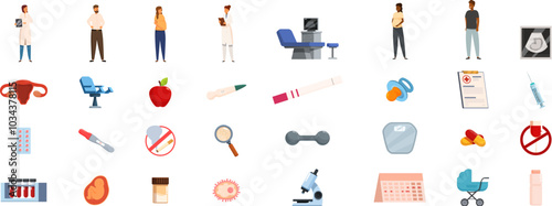 Pregnancy planning icons set. Medical icons set of people getting ready for pregnancy and visiting doctor during pregnancy with related medical equipment and symbols