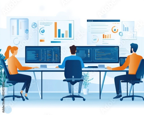 A team of professionals in a modern office managing digital contracts with multiple screens showing data analysis