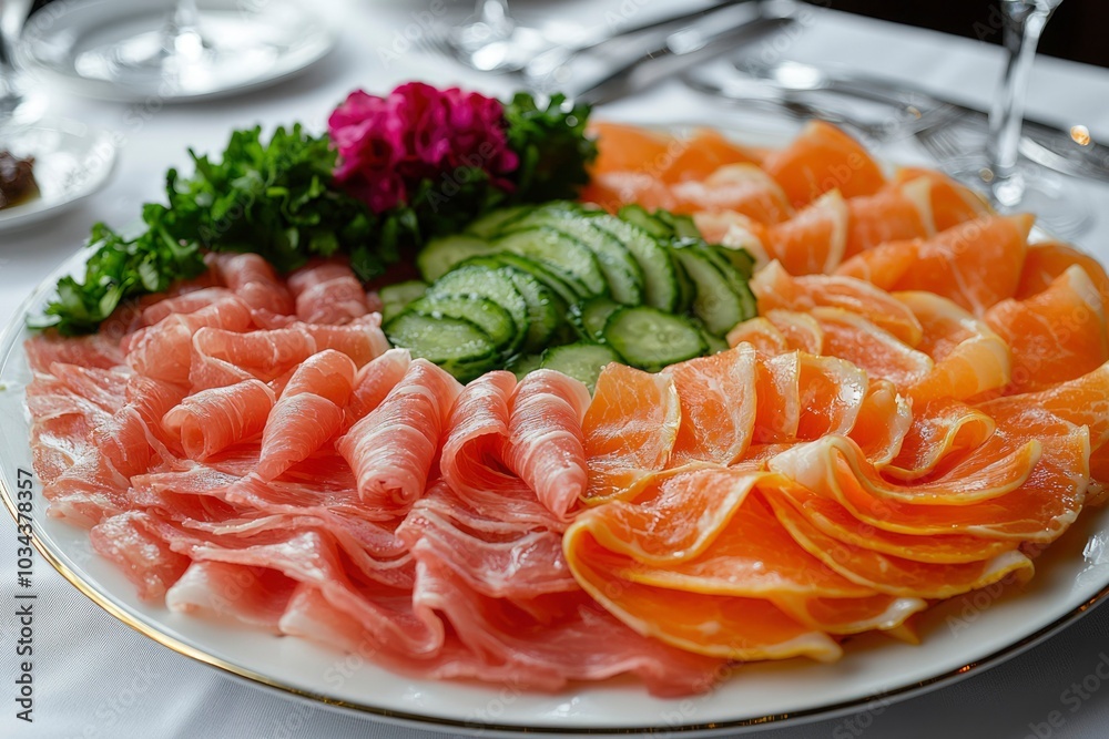 Platter of Thinly Sliced Ham, Cucumber, and Orange Platter of Thinly Sliced Ham, Cucumber, and Orange