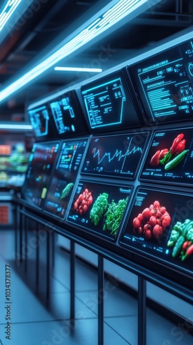 An advanced market scene with colorful produce and interactive digital displays showcasing eco-friendly procurement data