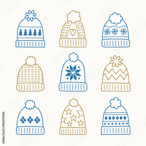 Collection of winter hats in cartoon style. Vector illustration