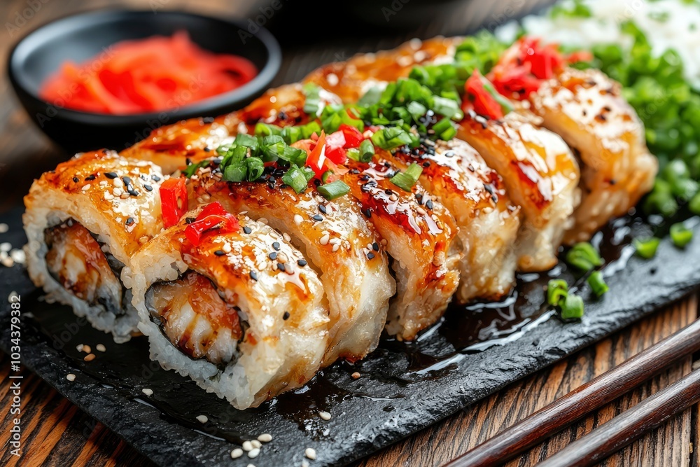 Unagi Sushi Rolls with Sesame Seeds, Green Onions, and Red Peppers Unagi Sushi Rolls with Sesame Seeds, Green Onions, and Red Peppers