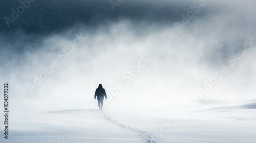 A lone figure walks through a snowy landscape shrouded in mist.