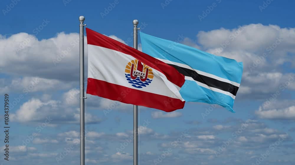 Botswana and French Polynesia flags flying together, video concept of the relationship, two country relations concept Botswana and French Polynesia flags flying together, video concept of the relationship, two country relations concept