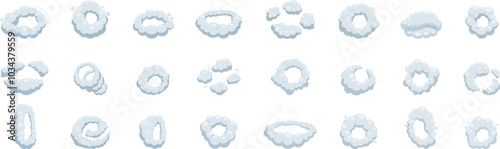 Smoke ring cloud icons set. Cartoon smoke explosion effect frames showing different movement stages for animation