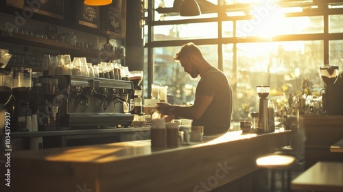 Barista Preparing Coffee in a Sunlit Cafe