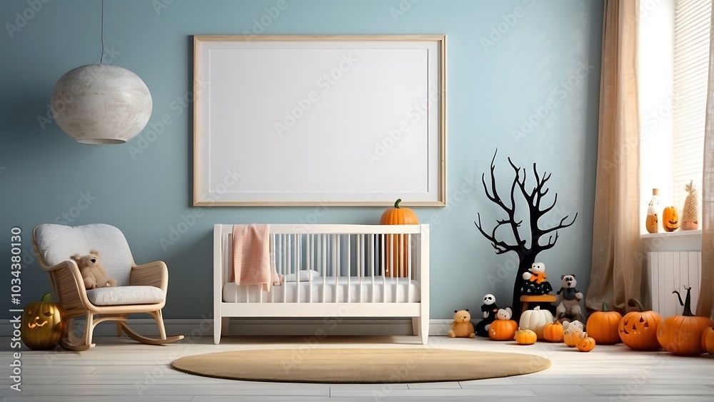 Obraz premium Modern minimalist landcape wall art mockup of baby room for Halloween, blank frame for horizontal wall art baby room mockup, Halloween and Christmas spooky scary vibes of the room interior design