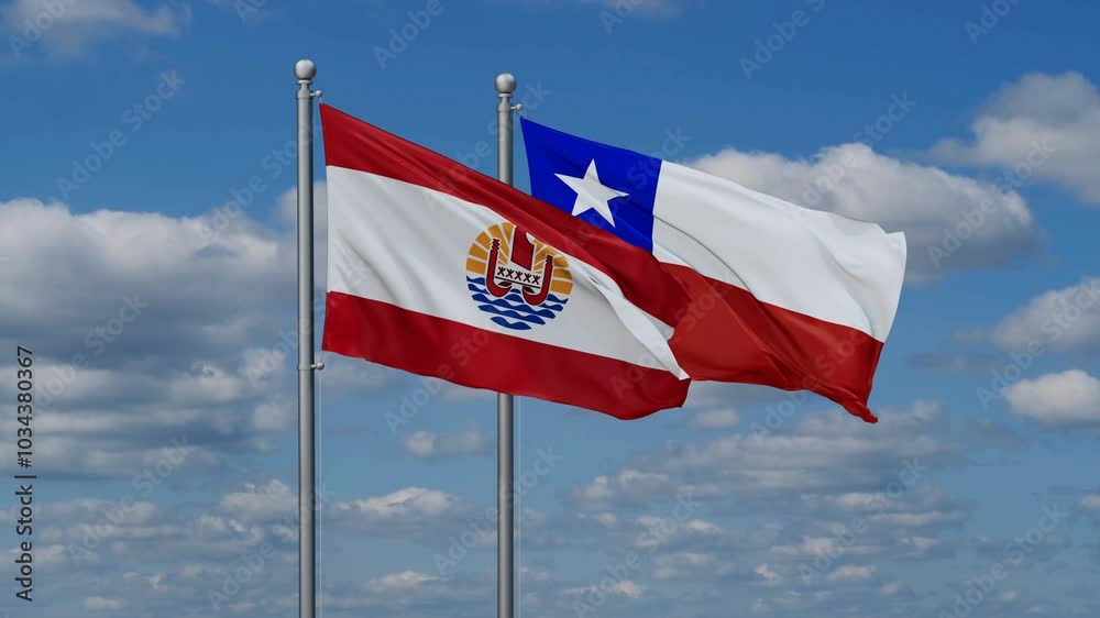Chile and French Polynesia flags flying together, video concept of the relationship, two country relations concept