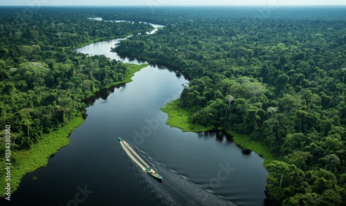 Wallpaper Mural Boat on a winding river through dense forest. Torontodigital.ca