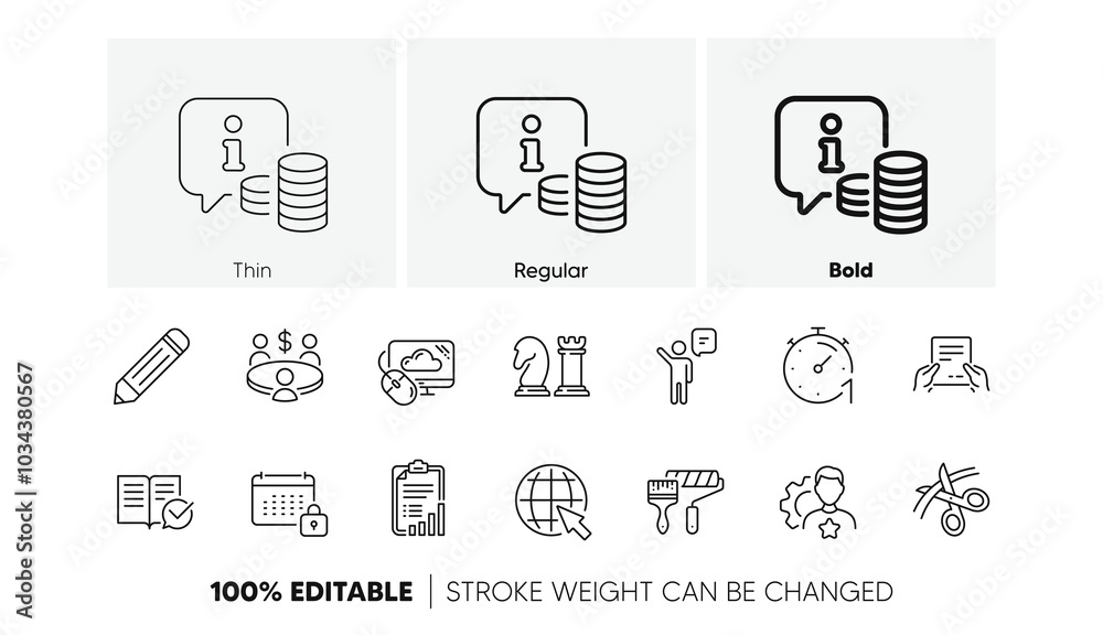 Scissors, Info and Paint roller line icons. Pack of Chess, Pencil, Checklist icon. Timer, Agent, Receive file pictogram. Calendar, Brand, Internet. Meeting, Approved documentation. Line icons. Vector Scissors, Info and Paint roller line icons. Pack of Chess, Pencil, Checklist icon. Timer, Agent, Receive file pictogram. Calendar, Brand, Internet. Meeting, Approved documentation. Line icons. Vector
