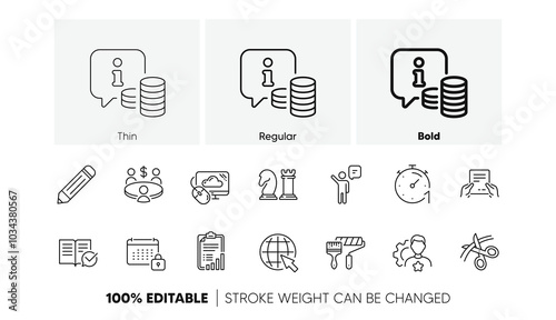 Scissors, Info and Paint roller line icons. Pack of Chess, Pencil, Checklist icon. Timer, Agent, Receive file pictogram. Calendar, Brand, Internet. Meeting, Approved documentation. Line icons. Vector