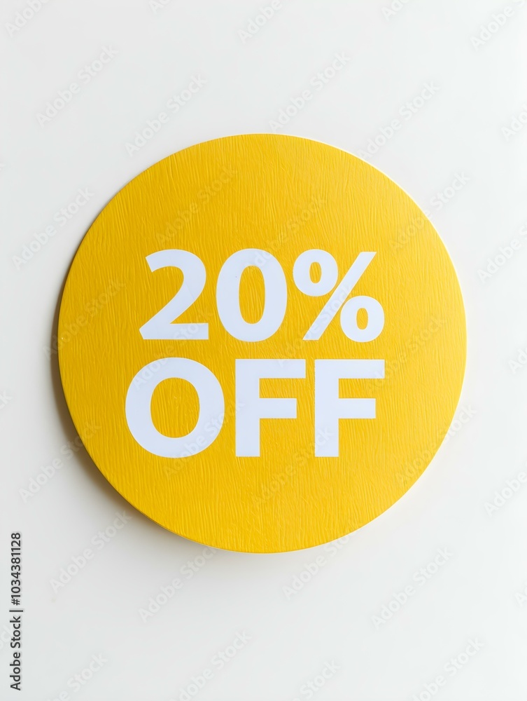White '20% OFF' Text on a Yellow Round Paper Note. White Background White '20% OFF' Text on a Yellow Round Paper Note. White Background