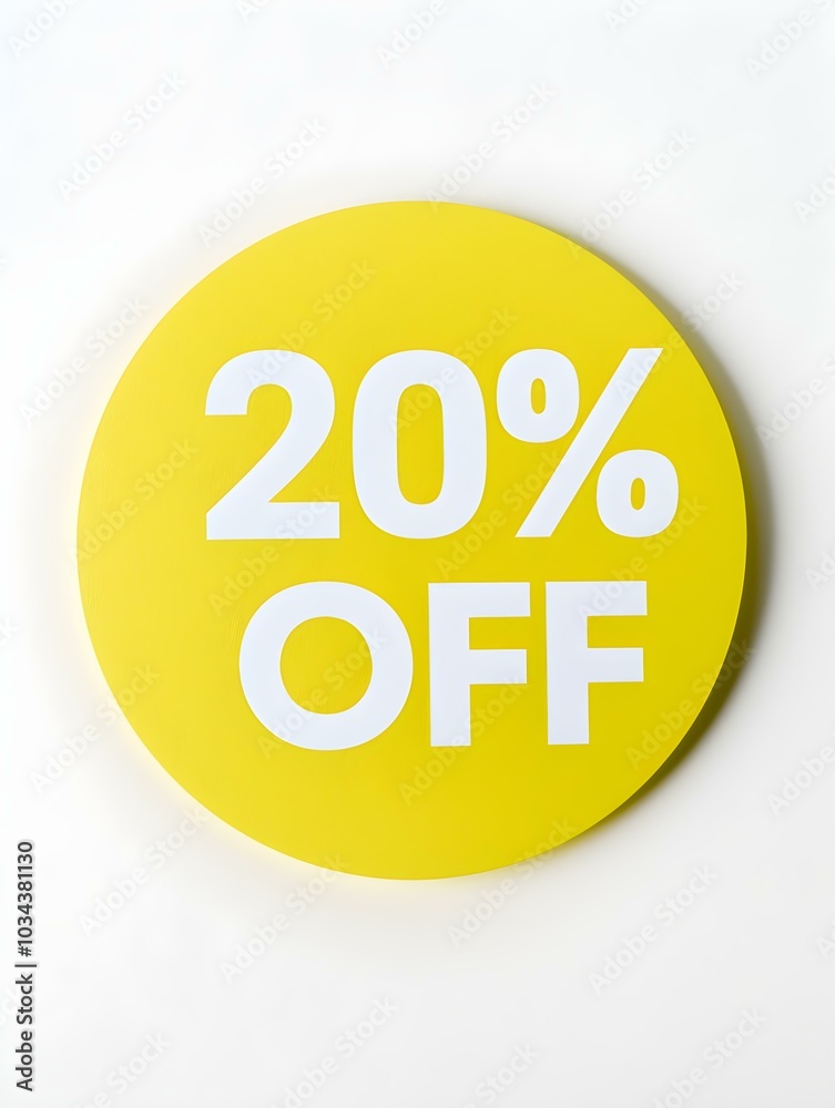White '20% OFF' Text on a Yellow Round Paper Note. White Background White '20% OFF' Text on a Yellow Round Paper Note. White Background