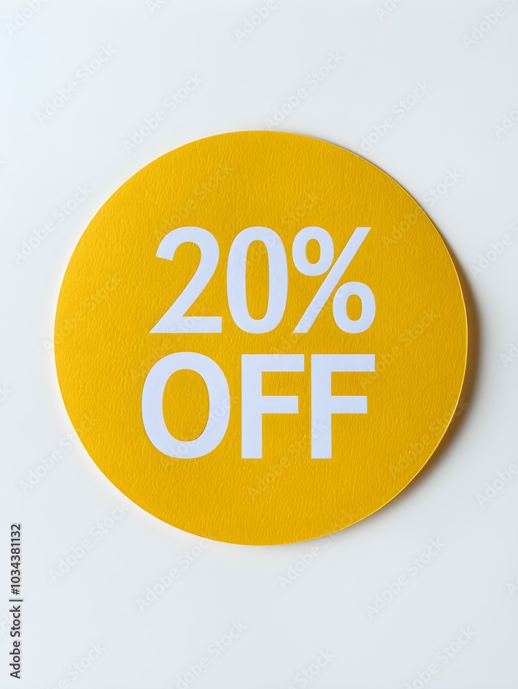 White '20% OFF' Text on a Yellow Round Paper Note. White Background White '20% OFF' Text on a Yellow Round Paper Note. White Background