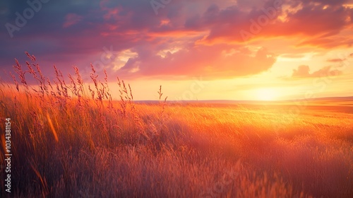 Dry plants crouch in the field in the wind during sunset. 