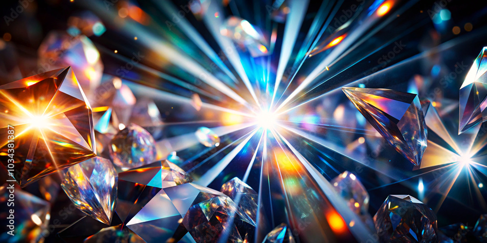 Glowing Crystals Emit Radiant Light in Dark Space – Stunning Faceted Reflection and Refraction Effect. Glowing Crystals Emit Radiant Light in Dark Space – Stunning Faceted Reflection and Refraction Effect.