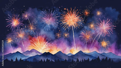 Watercolor illustration of fireworks over mountains at night with vibrant colors and copy space