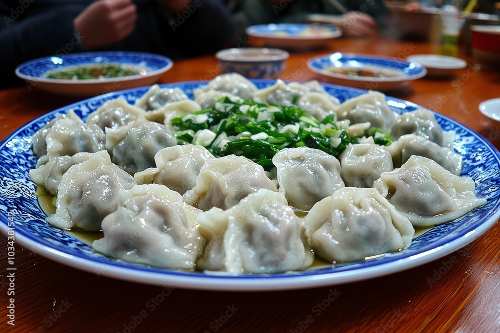 A Plate of Steamed Dumplings with Green Onions A Plate of Steamed Dumplings with Green Onions