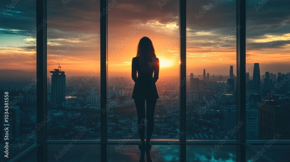 Silhouette of a Woman Looking Out a Window at a City Sunset Silhouette of a Woman Looking Out a Window at a City Sunset