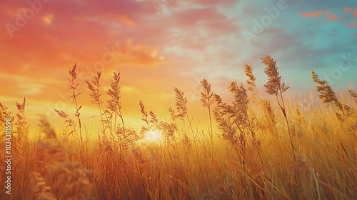 Dry plants crouch in the field in the wind during sunset. 