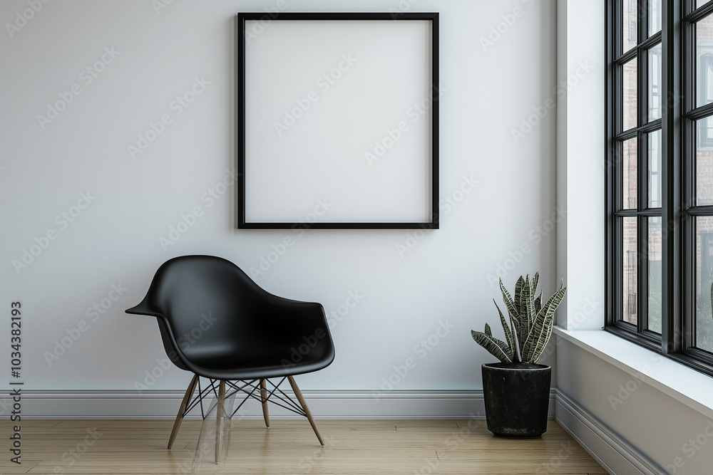 minimalist interior space featuring a mockup of a frame for an art painting on the wall with beautiful interior