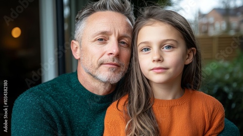 Portrait of a father and daughter, cheeks touching softly, symbolizing the love that transcends time and generations in a beautiful display of affection.