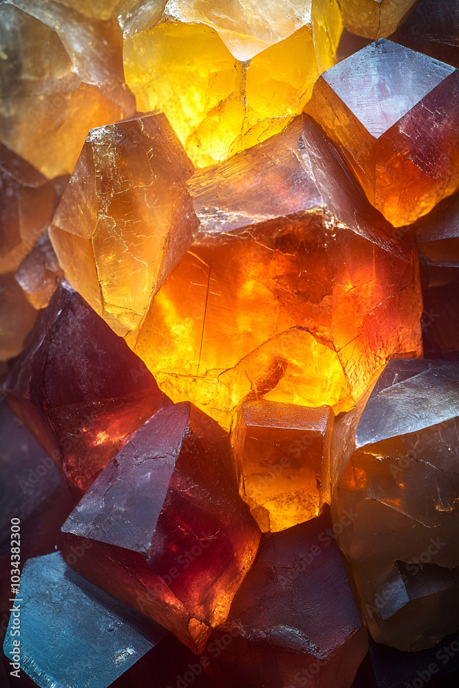 A vibrant arrangement of translucent crystals illuminated by warm light, showcasing a spectrum of colors including orange, amber, and subtle hints of purple. A vibrant arrangement of translucent crystals illuminated by warm light, showcasing a spectrum of colors including orange, amber, and subtle hints of purple.